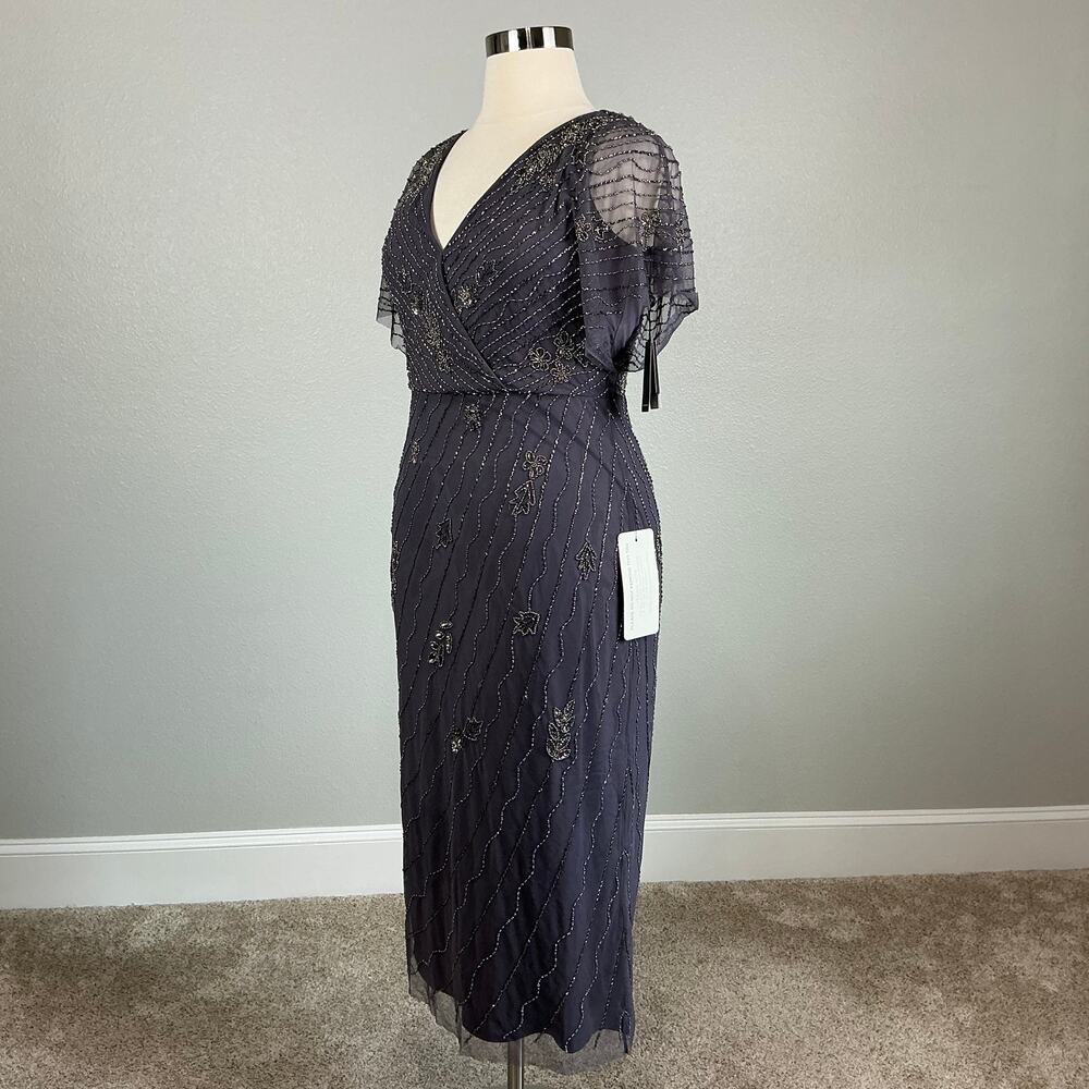 Adrianna Papell Beaded Short Flutter Sleeve Midi Sheath Gown Gray Size 14 Dress - Picture 5 of 13